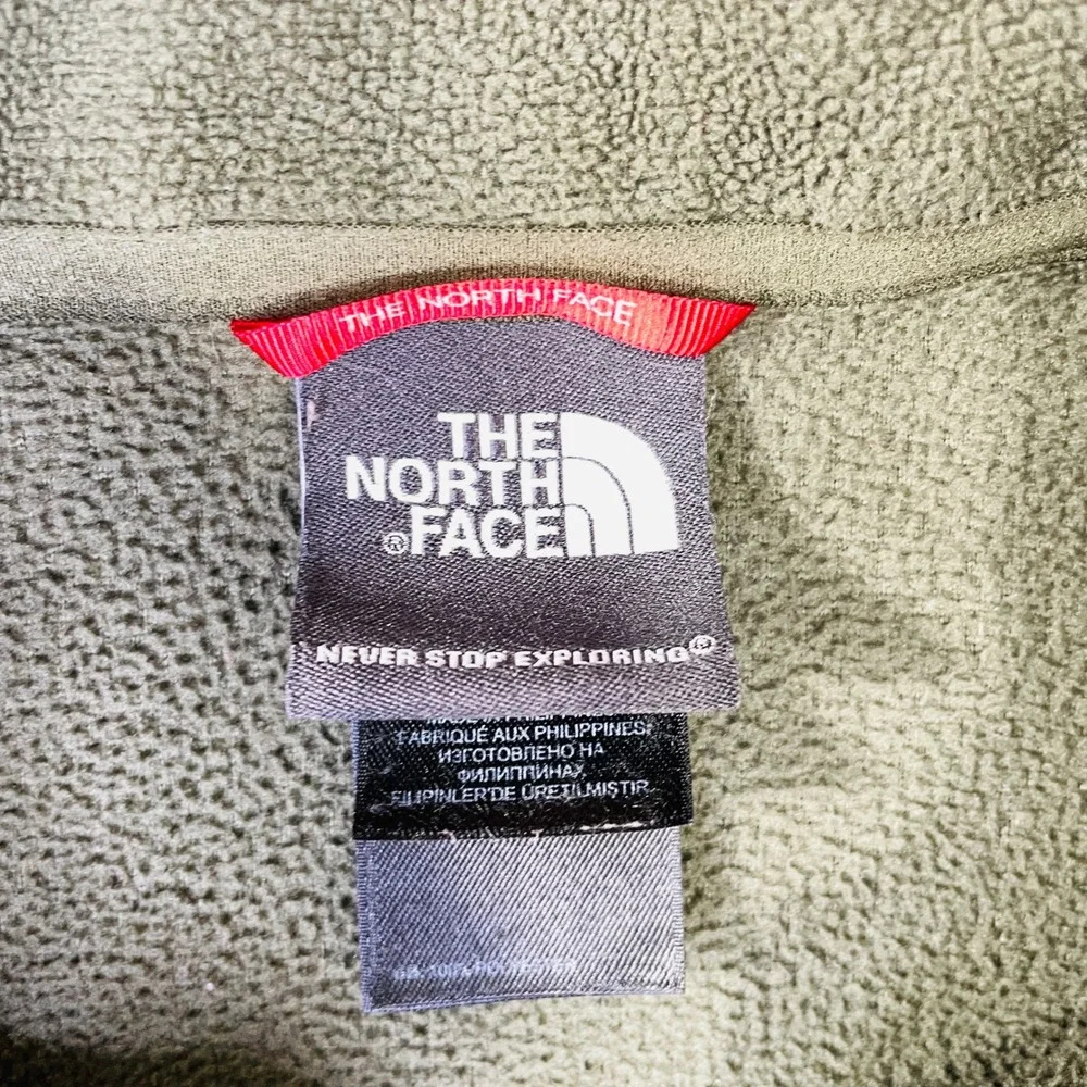 The North Face Mens L TKA 100 1/4 Zip Fleece Pullover Olive Green Neon Lime Logo